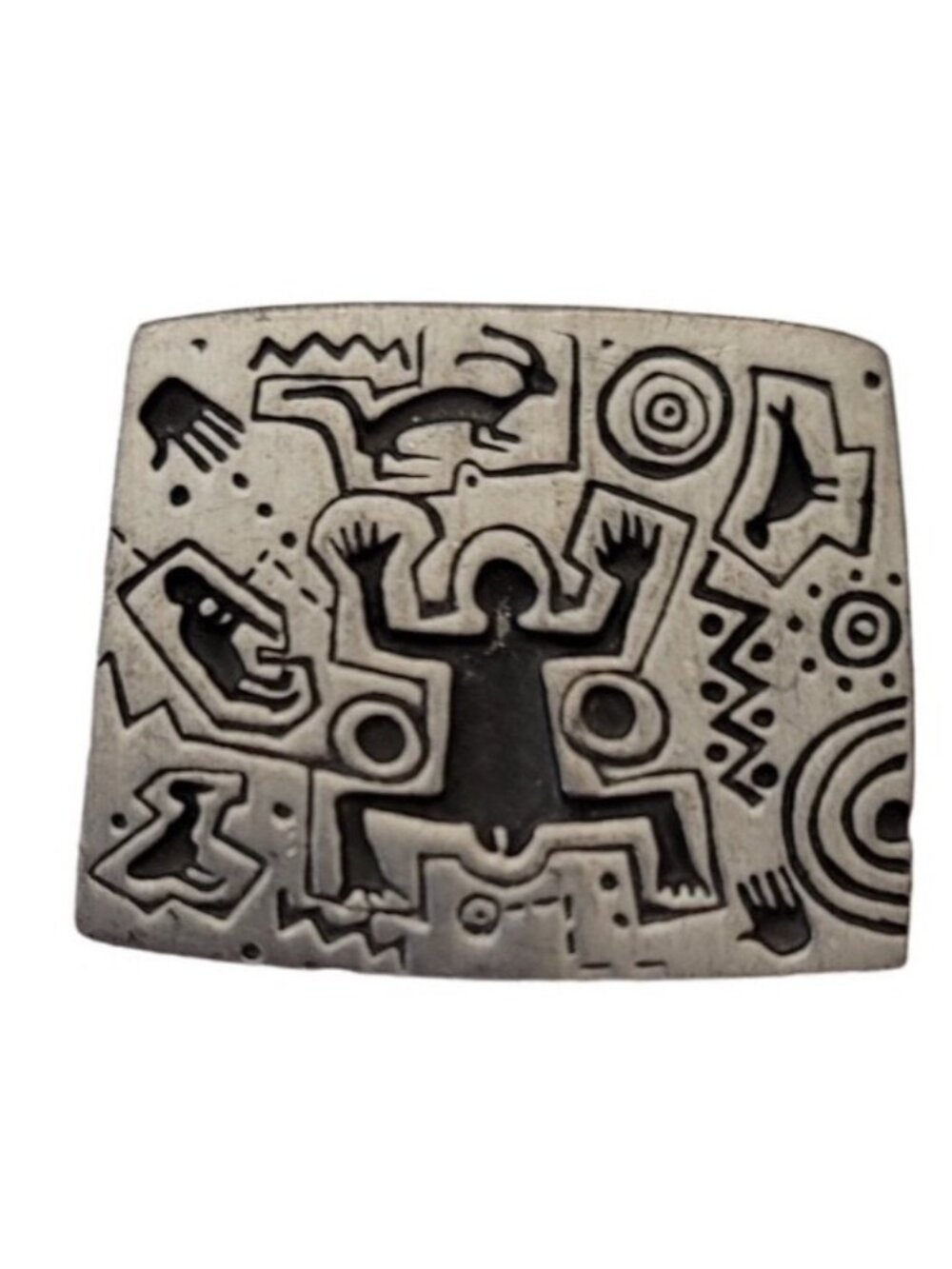 Urban Fetishes 1998 Silver Tone Tribal Figural Square Brooch, Signed E569